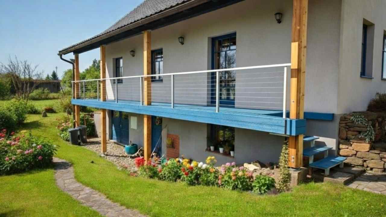 Terasa žárově zinekována se zábradlím s výplní z nerezových lanek, podlaha z prken nebo WPS